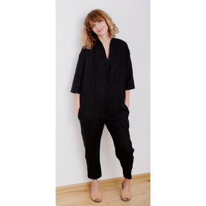 OffOn Clothing Linen V Neck Jumpsuit Womens Medium Black New Handmade